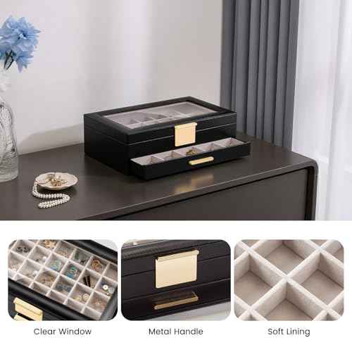 Lolalet Earring Storage Box Case, Large Earring Jewelry Holder Organizer for Women, Glass Top Display, with Drawer and Grid -2 Tiers£¬Black