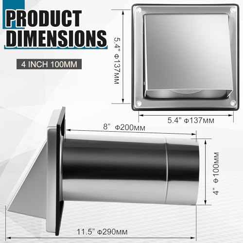 Gisafai 4" Outside Dryer Vent Cover for Exterior Walls Exhaust Vent Cap with Removable Extension Pipe Stainless Steel Hood Cushioned Non Return Flap with Sealing Gasket Grille Screen
