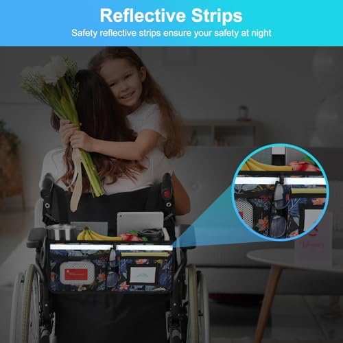 supregear Wheelchair Basket for Back, Large Capacity Wheelchair Backpack Organizer Bag with Multiple Pockets and Cup Holder, Waterproof Storage Pouch for Seniors, Floral Black