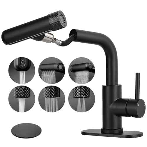 Matte Black Bathroom Faucet with Pull Down Sprayer, 6 Water Mode, Single Handle, 1 or 3 Hole Bathroom Sink Faucet with Pop Up Drain for RV Bar Laundry Vanity