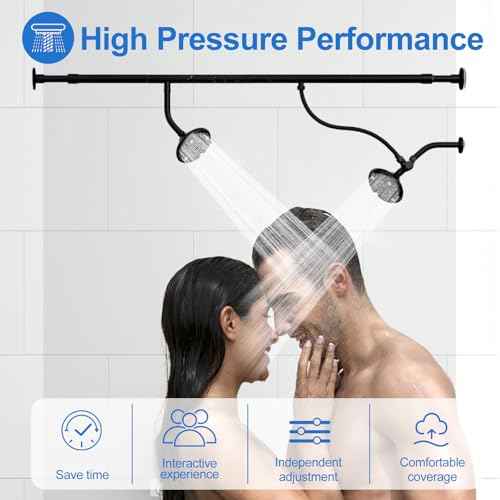 6 Spray Settings Dual Shower Head for Couples, High Pressure Double Shower Heads with 304 Stainless Steel, Two Showerhead System for Bathrooms From 61 to 80.7 Inches Fit 2 Person(Black)