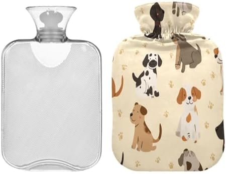 Puppy Dogs Paw Print Hot Cold Water Bottle with Fleece Cover PVC Hot Water Bag 1 Liter
