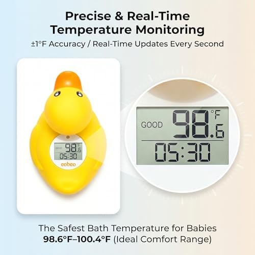 Baby Bath Thermometer with Smart Temperature Alert, Accurate Digital Water Thermometer, Adjustable High Temp Alert for Newborns, Floating Duck Toy with Timer, LED & Sound Alarm, BPA-Free, Waterproof