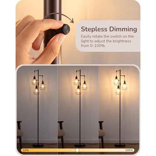 EDISHINE 70IN Industrial Floor Lamps for Living Room, Dimmable Farmhouse Corner Reading Lamp, Diamond-Shaped Lampshade, 3 LED Edison Bulbs Included, Rustic Tree Standing Lamp for Bedroom, Brown