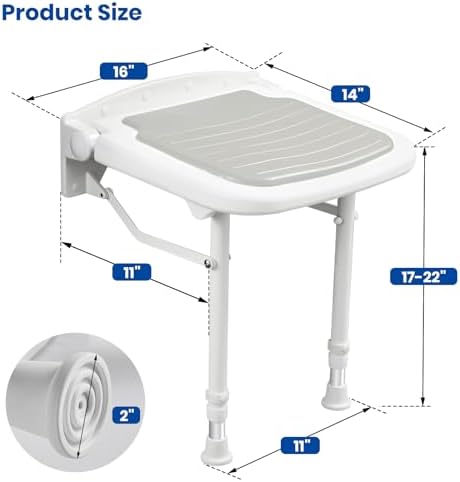 Wall Mounted Shower Seats w/PU Cushion (FSÄ/HSÄ Eligible) Support 550lbs, Adjustable Height Folding Shower Chair Wall Mounted for Elderly-Adults-Pregnants-Seniors-Disabled