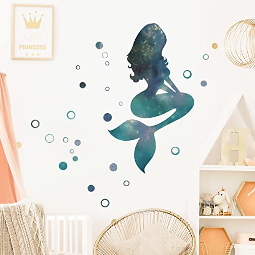 Starry Sky Mermaid Wall Decals and Stickers - Peel and Stick DIY Removable Green Bubbles Vinyl Wall Art Decor for Kids Baby Bedroom Nursery Bathroom Door DT-1912