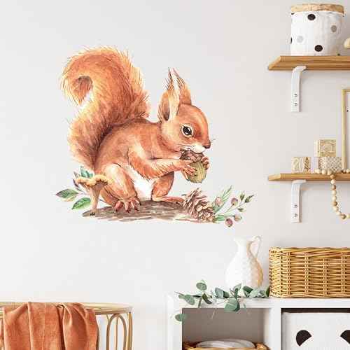Cute Baby Squirrel Pinecone Wall Stickers, sacinora Cartoon Little Animal Wall Decals Removable Vinyl Peel and Stick for Kids Baby Nursery Living Room Bedroom Playroom Kindergarten Art Decorations