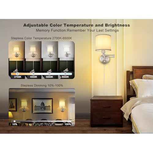 Plug in Wall Sconces with Remote Control, Dimming & Adjustable Colors 2700K-6500K, Hardwire or Plug-in, Swing Arm Wall Lamp with White Fabric Shade, Wall Sconces Set of Two, Brushed Nickel Finish