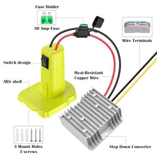 18v to 12v Step Down Converter,Compatible with Ryobi 18v Battery Adapter,DC 12V 20A 240W Buck Converter,Multi Functional Design,Over Discharge Protection,with Switch 30A Fuse Wire Terminals
