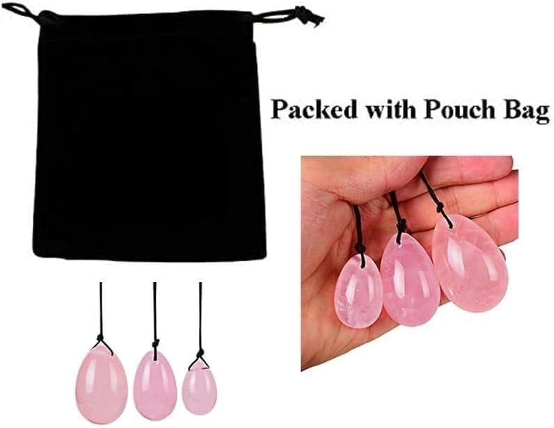 Natural Crystal Quartz 3pcs Set Yo-ni Jade Eggs Massage Stone for Women Body Massage P-C Muscle Training Wellness, Chakra Healing Body Exercise Relax (Rose Quartz)