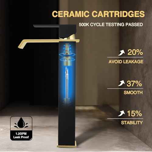 Vessel Sink Faucet Black and Gold, Single Hole Tall Bathroom Faucet, Modern SUS304 Stainless Made, Pop-up Drain & Supply Hose Included, Home D?cor Improvement