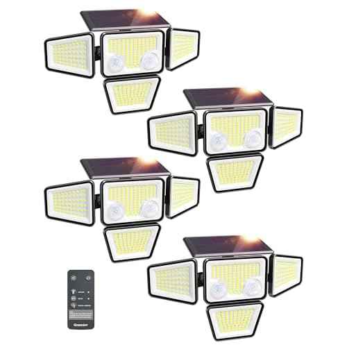 Ensenior Solar Lights Outdoor, IP65 Waterproof Motion Sensor Outdoor Light with Remote Control, 279 LED 4 Heads Solar Security Light with 4 Mode, 270¡Æ Wide Angle Solar Flood Light for Outside, 4 Packs