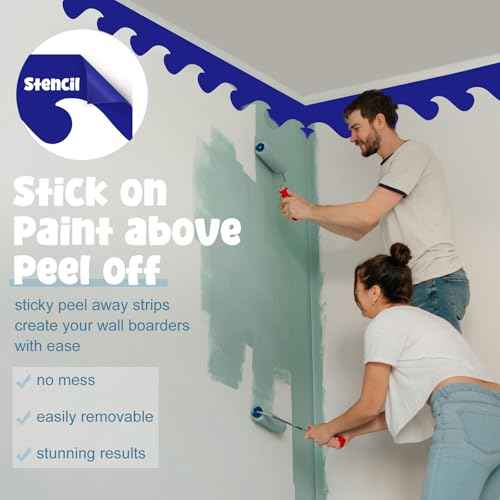 Fuutreo 6 Pcs 14.8 ft Vinyl Sea Waves Stencil for Wall Removable Wave Edge Paint Stencils Self Adhesive Wall Stencil for Home Bedroom Living Room Nursery DIY Painting Decorations