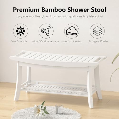 Bamboo Shower Bench Chair Bathroom Shower Stool Seat for Inside Shower Bathtub with Storage Shelf Shower Foot Rest for Shaving Legs 39 x 13 x 19.2 Inches White