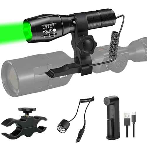WINDFIRE Green Light LED Flashlight Super Bright Zoomable Waterproof Outdoor Tactical Hunting Flashlight Set with Pressure Switch, Picatiny Mount for Hog Coyote Varmint Hunter