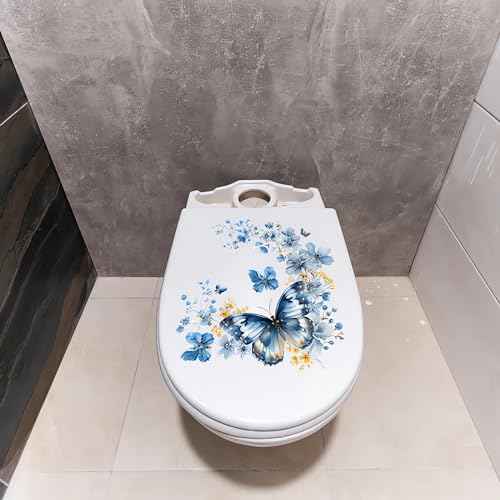 2 Sheets Blue Butterfly Flower Toilet Stickers, sacinora Butterflies Art Toilet Lid Decals Removable Vinyl Peel and Stick Wall Stickers for Bathroom Restroom WC Bathtubs Door Furniture Home Decoration