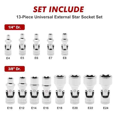 CASOMAN 13PCS 1/4" & 3/8" Drive Universal External Star Socket Set, E4 to E24, CR-V, Swivel Head, 360 Degree Access, with Sturdy Molded Case