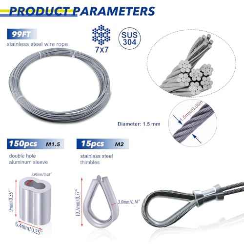 99FT Wire Rope Crimping Tool Kit, 304 Stainless Steel Cable with 150PCS Aluminum Crimping Sleeves and 15PCS Thimbles for Fishing Leader Making Kit, Decking, Garden Hanging Lamp.