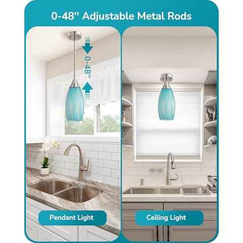 EDISHINE Pendant Lights Kitchen Island, Blue Handcrafted Art Glass Hanging Light, Blown Glass Pendant Light Fixtures Teal with Gold, Adjustable Brushed Nickel Rods, Hardwired Over Island Bar E26