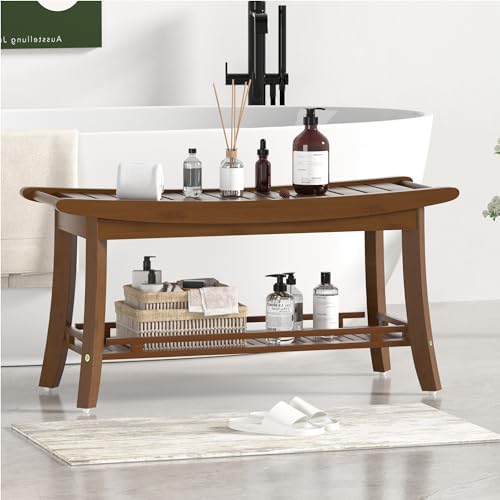 Bamboo Shower Bench Chair Bathroom Shower Stool Seat for Inside Shower Bathtub with Storage Shelf Shower Foot Rest for Shaving Legs 39 x 13 x 19.2 Inches Chestnut Brown