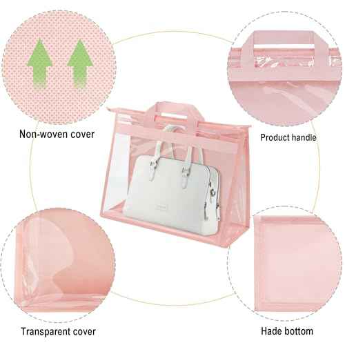 Vercord Clear PVC Handbag Dust-Free Cover Moistureproof Purse Storage Bag Organizer with Handle Zipper Space-Save Holder for Closet Pink XL 3Pcs