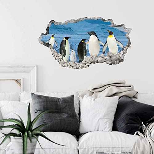 3D Wall Hole View Penguins Wall Decal Peel and Stick Animal Penguins Wall Mural Sticker for Kids Room Bedroom Playroom Wall Decor