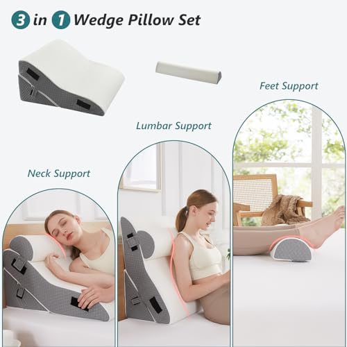 Bed Wedge Pillow for Sleeping 3 PCS - 35D Foam Wedge Pillow Post Surgery for Back Leg Pain Relief - 22.5" Wide Triangle Pillow Wedge for Acid Reflux & Snoring & GERD (White Grey)
