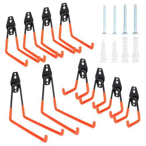 10 Pack Heavy Duty Steel Utility Wall Hooks Anti-Slip Coated - Garage Wall Mount Hanging Storage Organizer for Bikes, Ladders, Garden Tools, Skis and More