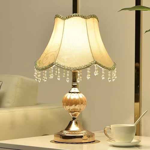 Classical Tiffany European Style Table Lamp Fabric Drum Shade and Gold Base American Decor Classic Bedside Desk Nightstand Table Lamp for Bedroom Living Room