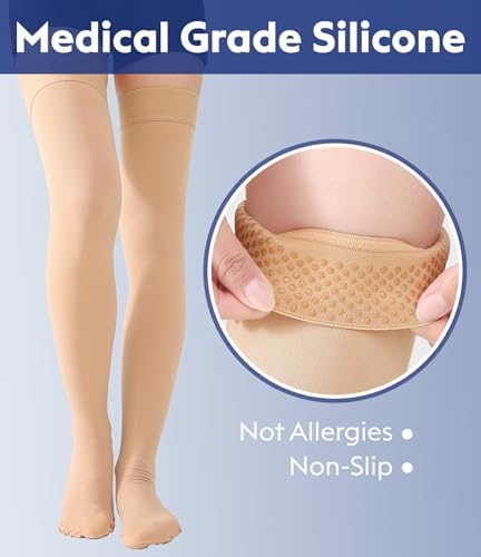 Thigh High Compression Stockings Closed Toe for Men & Women, Opaque, KEKING 15-20mmHg Graduated Compression Leg Support Hose with Silicone Band - Swelling, Varicose Veins, Edema, DVT, Beige Large