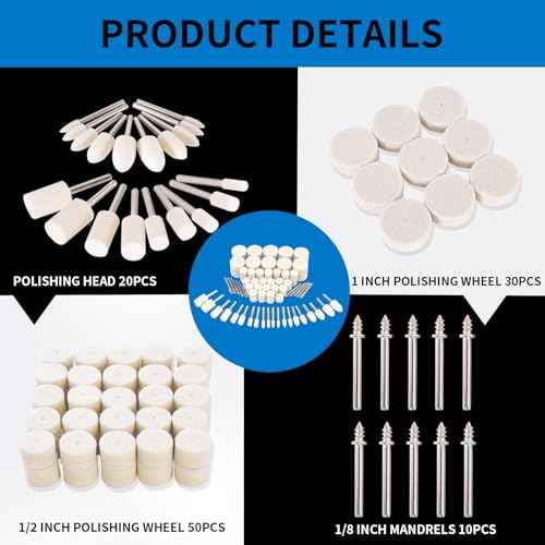 110PCS Wool Felt Polishing Wheel Kit for Rotary Tool - 1/8" Shank, Jewelry Metal Buffing Wheels