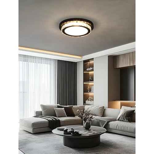 Dimmable LED Flush Mount Ceiling Light Fixture with Remote Control,12Inch 24W 3000K-6500K Color Adjustable,Modern Black Crystal Flush Mount Chandelier Ceiling Lamp for Bedroom Kitchen