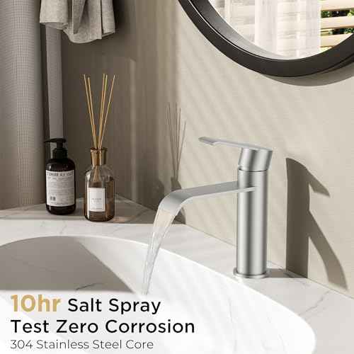 FORIOUS Brushed Nickel Bathroom Faucets, Modern Waterfall Bathroom for 1 or 3 Hole, Single Handle Faucets with Metal Pop Up Drain and 24" Supply Hoses
