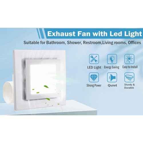 Bathroom Exhaust Fan with LED Light Ceiling Mount Ventilation Fan 118 CFM 1.0 Sones 4 Inch Duct Quiet Bathroom Vent Fan with Light Combo 5000K for Home Bath Hotel-Squares