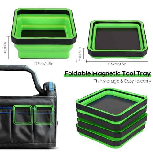 Collapsible Magnetic Parts Tray Set, 4 Pack New Version Magnetic Tool Trays for Screw Bolts Nuts Washers Pins & Small Metal Parts-4.5¡± Square Silicone Bowls with Double Sided Magnetic Base(Green)