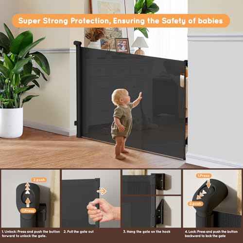 Retractable Baby Gate for Stairs, 55" Wide Mesh Pet Gate, Automatic Tension, One-Hand Operation, 38" Tall Baby Gates for Doorways, Hallways, Deck, Indoor Outdoor, Safe, Easy to Fit, Black
