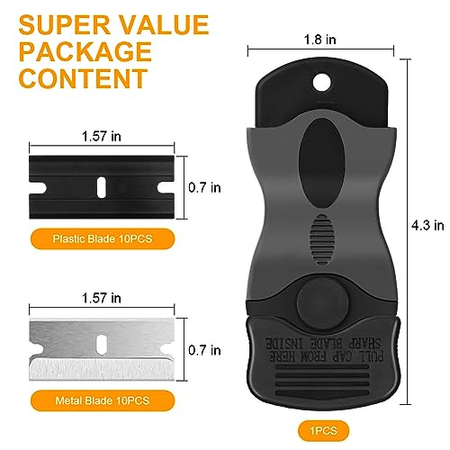 Ainiv Razor Blade Scraper, 2-in-1 Scraper Tool with 10PCS Metal Blades and 10PCS Plastic Blades, Multi-funtional Cleaning Razor Scraper for Stickers, Labels, Caulk, Adhesive, Paint Removal (2 Pack)