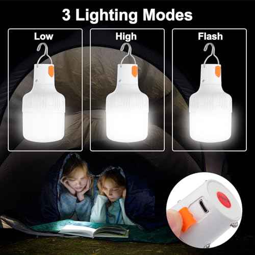 PATIKIL Camping Lantern, 4 Pack Rechargeable LED Tent Lamp Lights Bulb Portable Hanging 3 Lighting Modes 60W Clip Hook for Camping, Hiking, Fishing, White