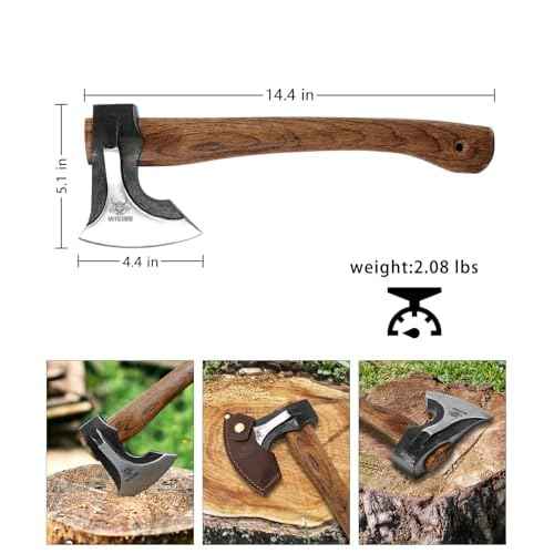 Camping Hatchet, 14.2-inch Splitting Axe with Leather Sheath, Chopping Axe 1065 High Manganese Steel and Hickory Handle