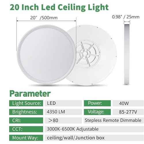 20 Inch Large LED Flush Mount Ceiling Light with Remote, 40W,4350LM, 3000K-6000K Selectable, White Round Flat Panel Low Profile Ceiling Light Fitures for Hallway, Kitchen, Bedroom, Laundry Room