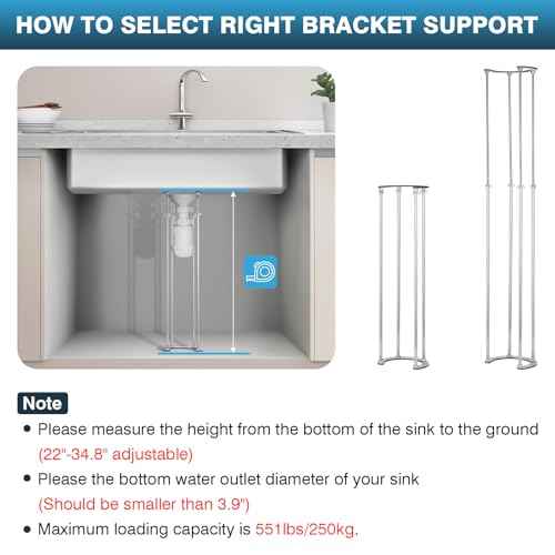 IRONWALLS Undermount Sink Brackets Adjustable, 22" to 34.8" Stainless Steel Under Mount Sink Support Brackets, Kitchen Bathroom Sink Support Legs, Under Sink Support Pole, Sink Repair System
