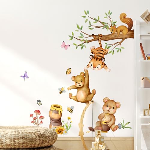 Supzone Woodland Bear Wall Stickers - Cute Animal Tree Branch Wall Decals, Tiger Bear Squirrel Swinging for Honey Wall Decor for Kids Baby Nursery Playroom Living Room Bedroom