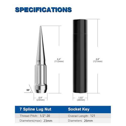 GAsupply 20pcs 1/2-20 Spike Lug Nuts Chrome, 1/2 x 20 Locking Spiked Lug Nut Spline 4.4" 112mm Tall, Closed End Bulge Acorn 60 Degree Cone/Conical Seat