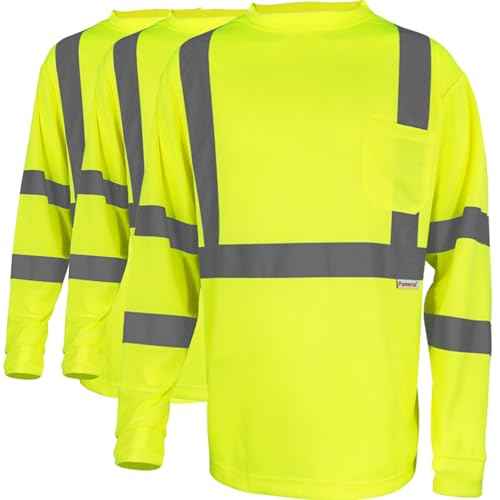 3Pack Hi Vis Class 3 Reflective Safety Shirt - Long Sleeve Work T-Shirt