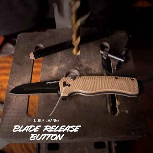 OUTDOOR EDGE Razor XD1 Folding Knife ? Heavy-Duty 3" Replaceable Blade, Tan Handle with Pry Bar & Bottle Opener ? Includes 2 Black Sheepsfoot Blades & 1 Utility Blade