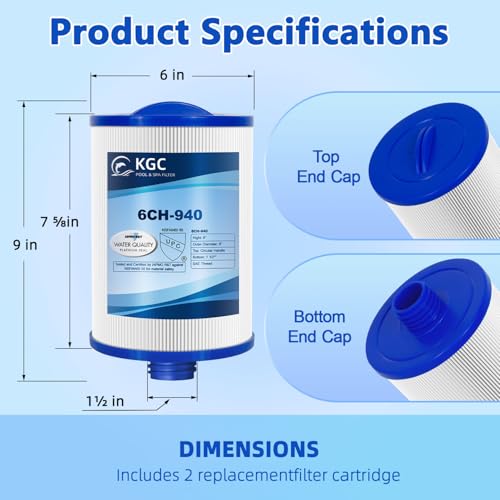 KGC 6CH-940 Spa Filter 2 Pack - Compatible with Pleatco PWW50P3 (1 1/2" SAE Coarse Thread), Unicel 6CH-940, Filbur FC-0359, Waterway 817-0050, 03FIL1400, 25252-for Viking Spa Front Access Skimmer.