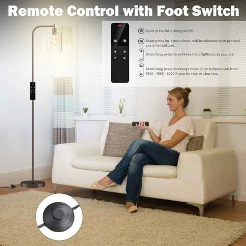 Industrial Floor Lamp with Glass Shade, Modern Dimmable Floor lamp with Remote LED Bulbs, Tall Lamp for Living Room Corner, Bedroom, Office (Bronze)