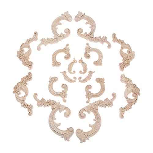 Wood Carved Appliques Wooden Onlays, 1 Pair Unpainted Decorative Carving Furniture Decals Frame Decor for Door Wall Cabinet Dresser Fireplace Ceiling Bed Home DIY Project, 8.5x4.5cm/3.35"x1.77"