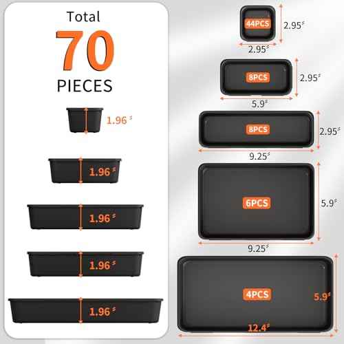[5-Sizes] 70 Pack Tool Box Organizer Tray, Large 12'' Tools Box Organizers and Storage, for Hammer, Wrench, Screw, Small Parts Toolbox Organization, Tool Cart Chest Garage Drawer Organizer Tray, Black