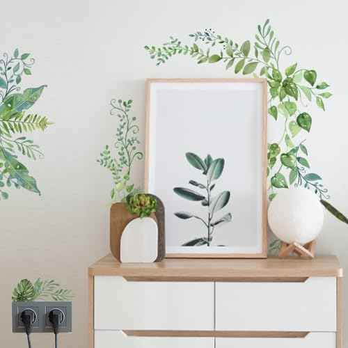 SUPERDANT Green Plants Wall Decals 2 Sheets/Set Vines Branches Leaves Wall Sticker Removable Vinyl Art Mural Decals for Living Room Bedroom Balcony Corridor Window TV Entrance Door Mirror Decor